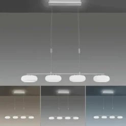 Suspension Paul-Neuhaus Q-ETIENNE LED Acier brossé, 4 lumières, Télécommandes