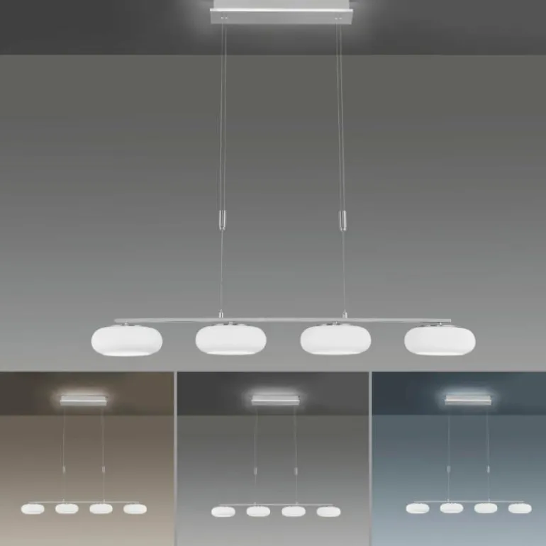 Suspension Paul-Neuhaus Q-ETIENNE LED Acier brossé, 4 lumières, Télécommandes