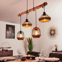 Suspension Ramon Bois clair, Noir, 4 lumières