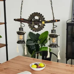 Suspension Taktak Vieux laiton, Bois foncé, 2 lumières