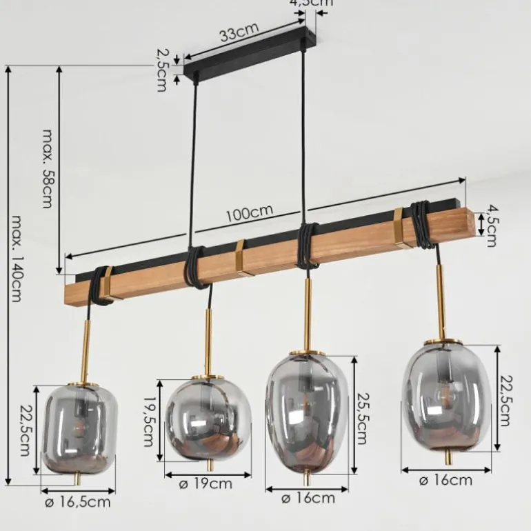 Suspension Verbania Brun, Laiton, 4 lumières