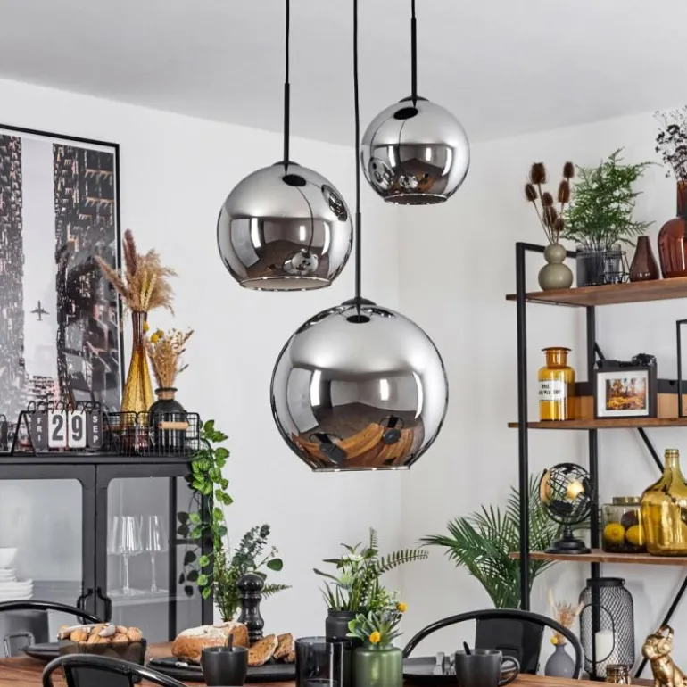 Suspension Verre 20 cm, 25 cm, 30cm Koyoto Chrome, Fumé, 3 lumières