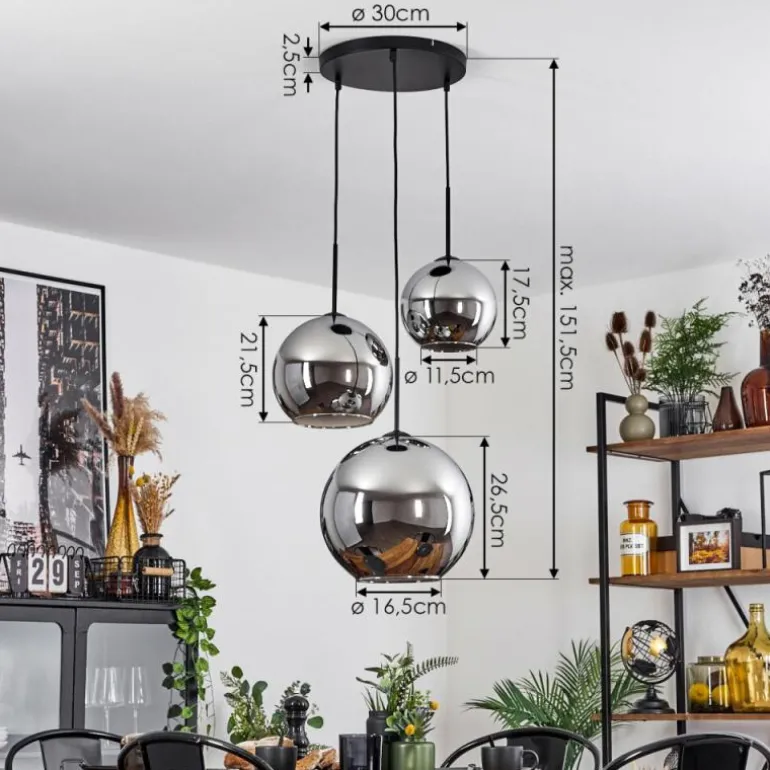 Suspension Verre 20 cm, 25 cm, 30cm Koyoto Chrome, Fumé, 3 lumières