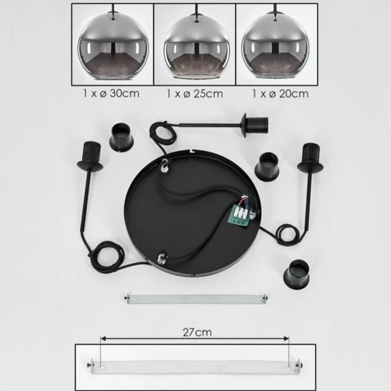 Suspension Verre 20 cm, 25 cm, 30cm Koyoto Chrome, Fumé, 3 lumières