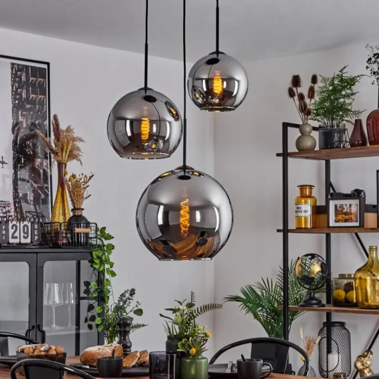 Suspension Verre 20 cm, 25 cm, 30cm Koyoto Chrome, Fumé, 3 lumières