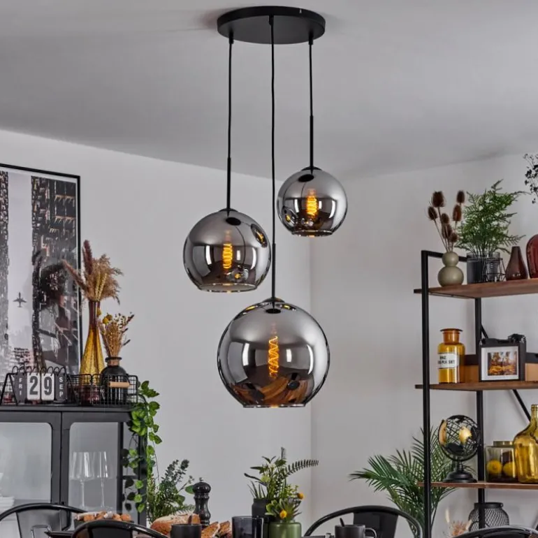 Suspension Verre 20 cm, 25 cm, 30cm Koyoto Chrome, Fumé, 3 lumières