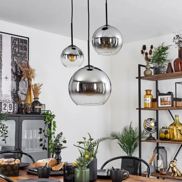 Suspension Verre 15 cm, 20 cm, 25 cm Koyoto Chrome, Clair, Fumé, 3 lumières