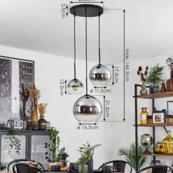 Suspension Verre 15 cm, 20 cm, 25 cm Koyoto Chrome, Clair, Fumé, 3 lumières