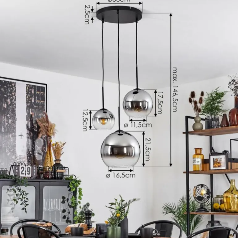 Suspension Verre 15 cm, 20 cm, 25 cm Koyoto Chrome, Clair, Fumé, 3 lumières