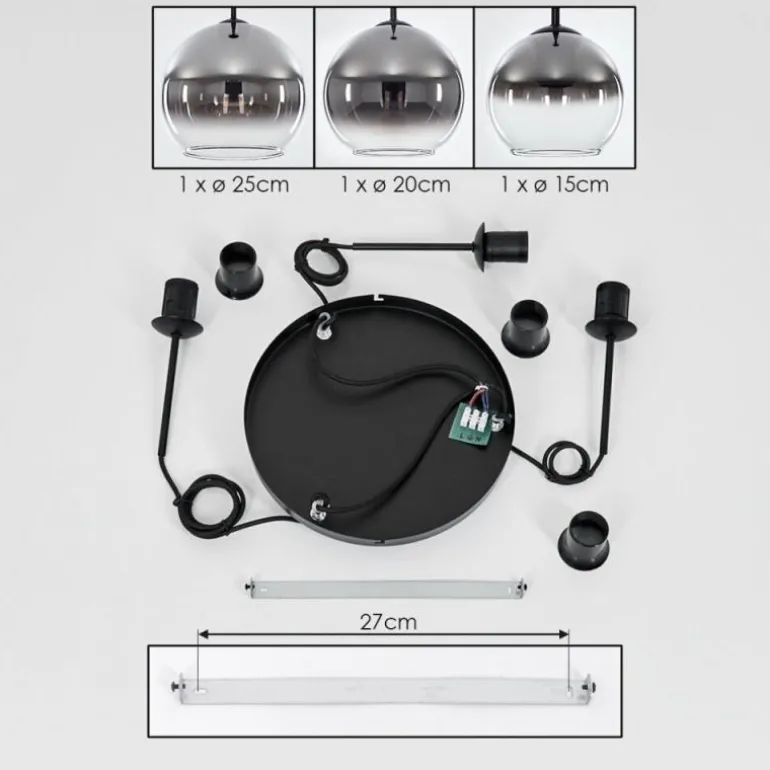 Suspension Verre 15 cm, 20 cm, 25 cm Koyoto Chrome, Clair, Fumé, 3 lumières