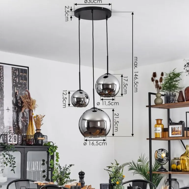 Suspension Verre 15 cm, 20 cm, 25 cm Koyoto Chrome, Fumé, 3 lumières