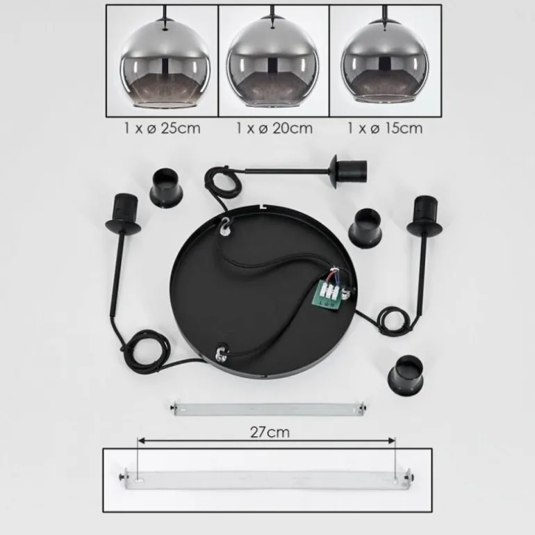 Suspension Verre 15 cm, 20 cm, 25 cm Koyoto Chrome, Fumé, 3 lumières
