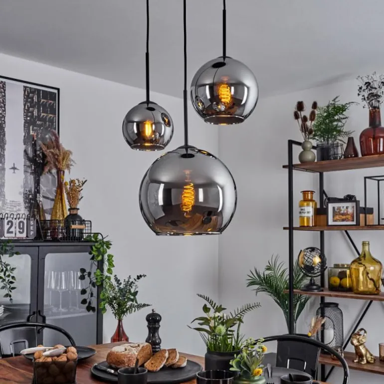 Suspension Verre 15 cm, 20 cm, 25 cm Koyoto Chrome, Fumé, 3 lumières