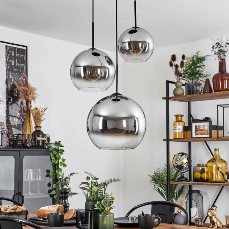 Suspension Verre 20 cm, 25 cm, 30cm Koyoto Chrome, Clair, Fumé, 3 lumières