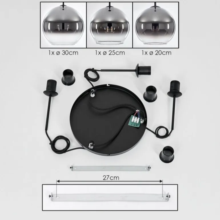 Suspension Verre 20 cm, 25 cm, 30cm Koyoto Chrome, Clair, Fumé, 3 lumières