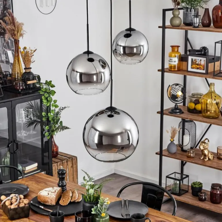 Suspension Verre 20 cm, 25 cm, 30cm Koyoto Chrome, Clair, Fumé, 3 lumières