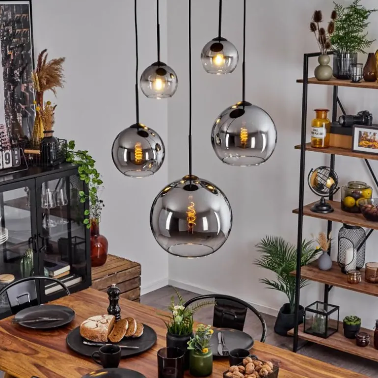 Suspension Verre 15 cm, 20 cm, 25 cm, 30cm Koyoto Chrome, Clair, Fumé, 5 lumières