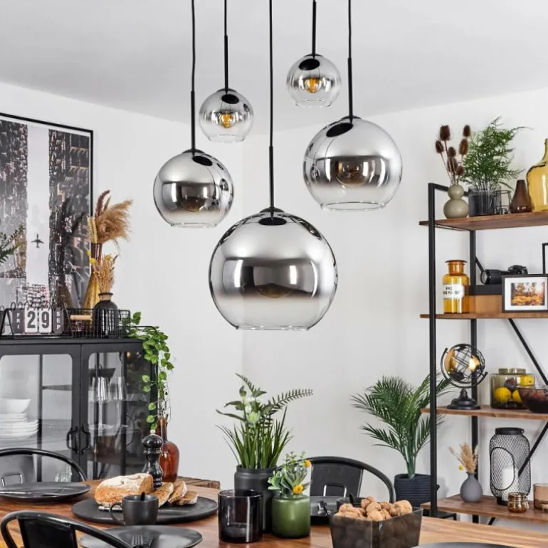 Suspension Verre 15 cm, 20 cm, 25 cm, 30cm Koyoto Chrome, Clair, Fumé, 5 lumières