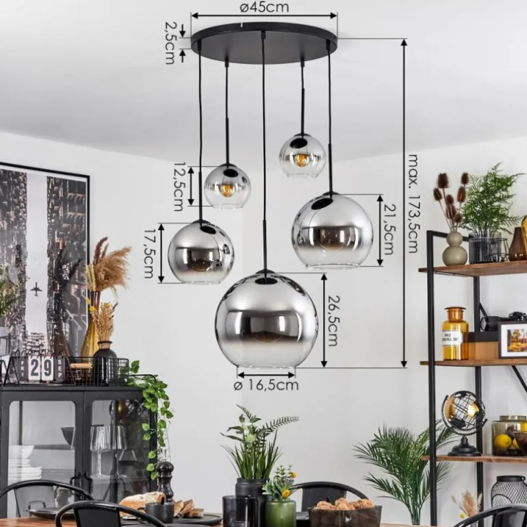Suspension Verre 15 cm, 20 cm, 25 cm, 30cm Koyoto Chrome, Clair, Fumé, 5 lumières