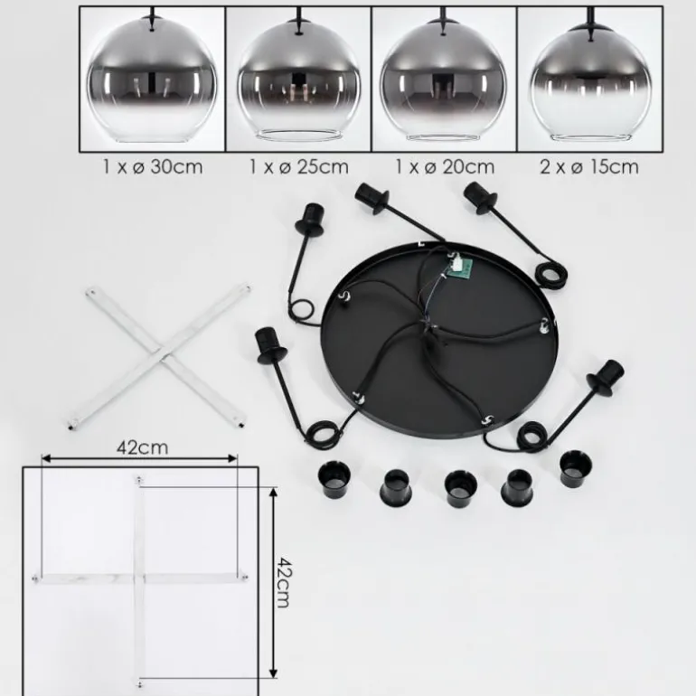 Suspension Verre 15 cm, 20 cm, 25 cm, 30cm Koyoto Chrome, Clair, Fumé, 5 lumières