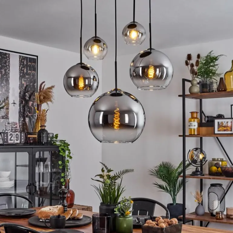 Suspension Verre 15 cm, 20 cm, 25 cm, 30cm Koyoto Chrome, Clair, Fumé, 5 lumières