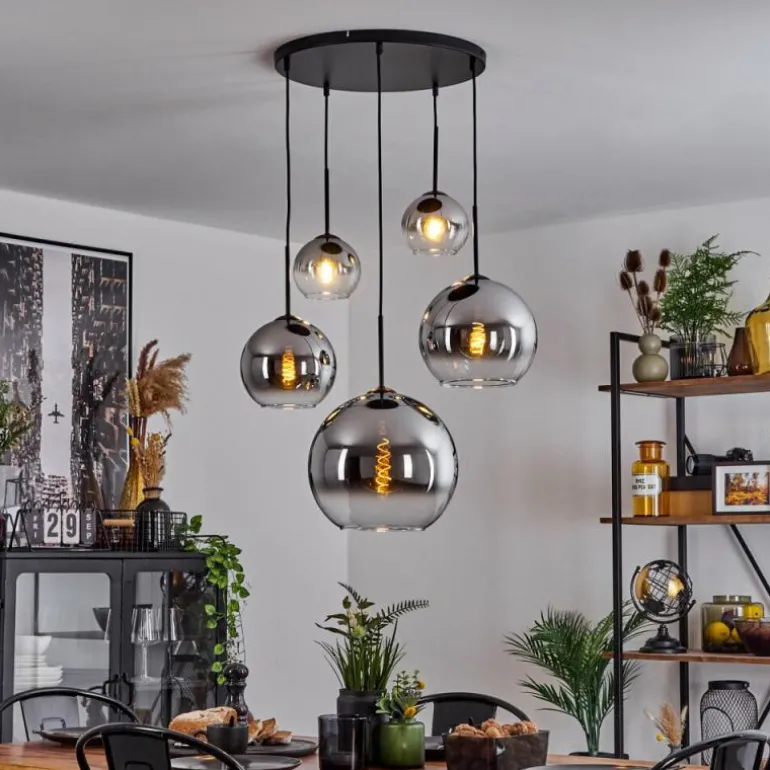 Suspension Verre 15 cm, 20 cm, 25 cm, 30cm Koyoto Chrome, Clair, Fumé, 5 lumières