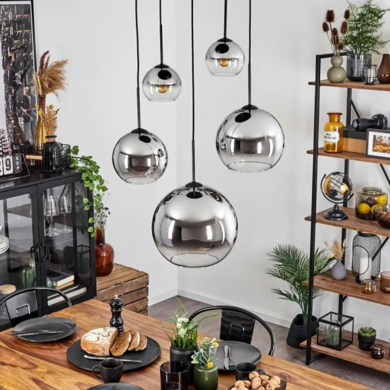 Suspension Verre 15 cm, 20 cm, 25 cm, 30cm Koyoto Chrome, Clair, Fumé, 5 lumières