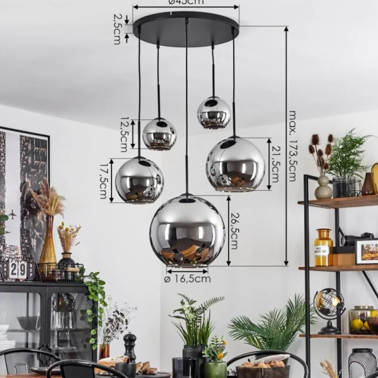 Suspension Verre 15 cm, 20 cm, 25 cm, 30cm Koyoto Chrome, Fumé, 5 lumières