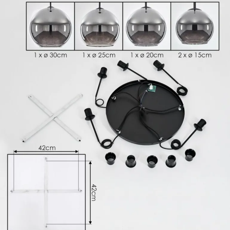 Suspension Verre 15 cm, 20 cm, 25 cm, 30cm Koyoto Chrome, Fumé, 5 lumières