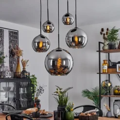 Suspension Verre 15 cm, 20 cm, 25 cm, 30cm Koyoto Chrome, Fumé, 5 lumières