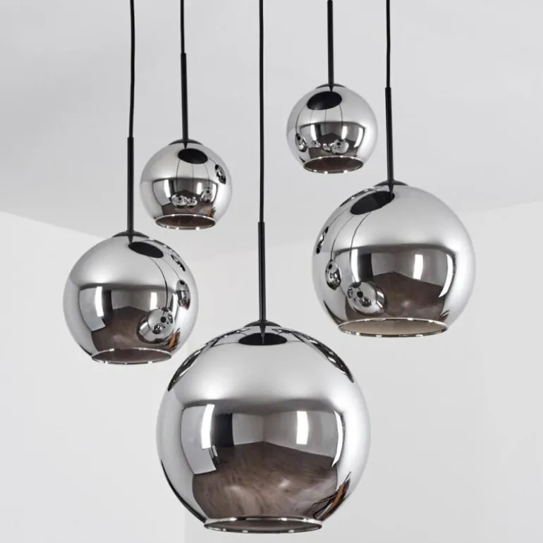 Suspension Verre 15 cm, 20 cm, 25 cm, 30cm Koyoto Chrome, Fumé, 5 lumières