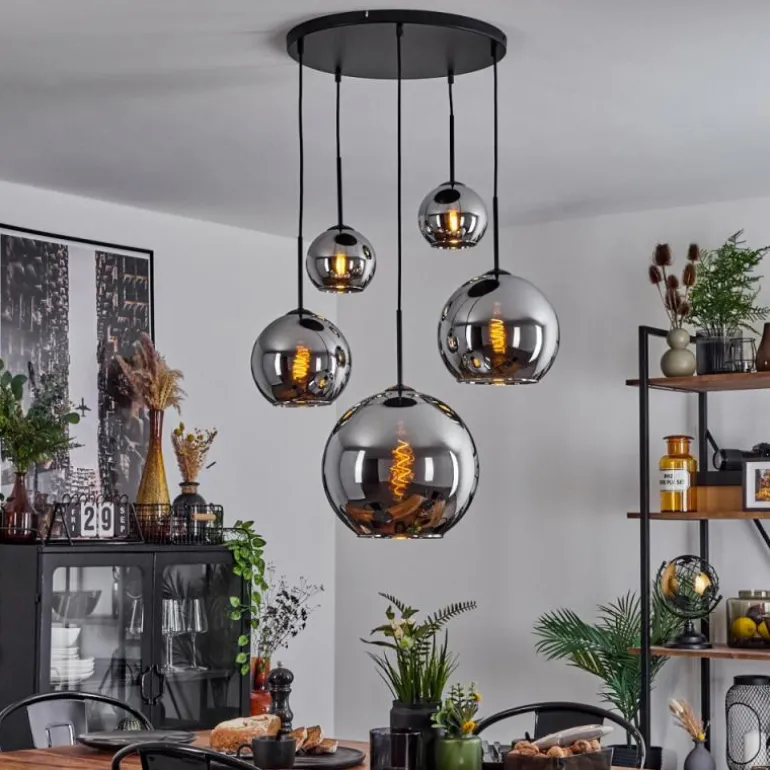 Suspension Verre 15 cm, 20 cm, 25 cm, 30cm Koyoto Chrome, Fumé, 5 lumières