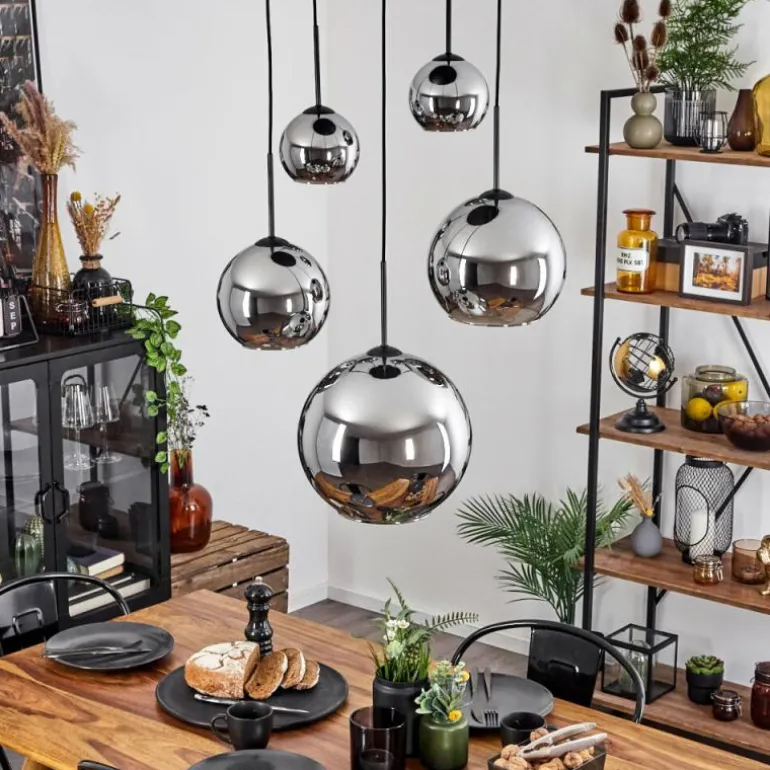 Suspension Verre 15 cm, 20 cm, 25 cm, 30cm Koyoto Chrome, Fumé, 5 lumières