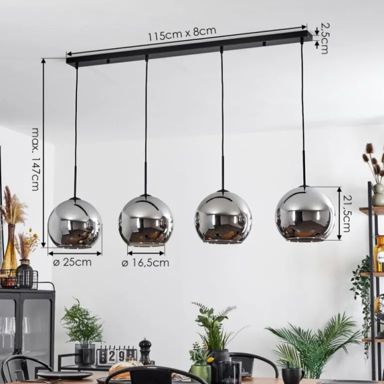 Suspension Verre 25 cm Koyoto Chrome, Fumé, 4 lumières