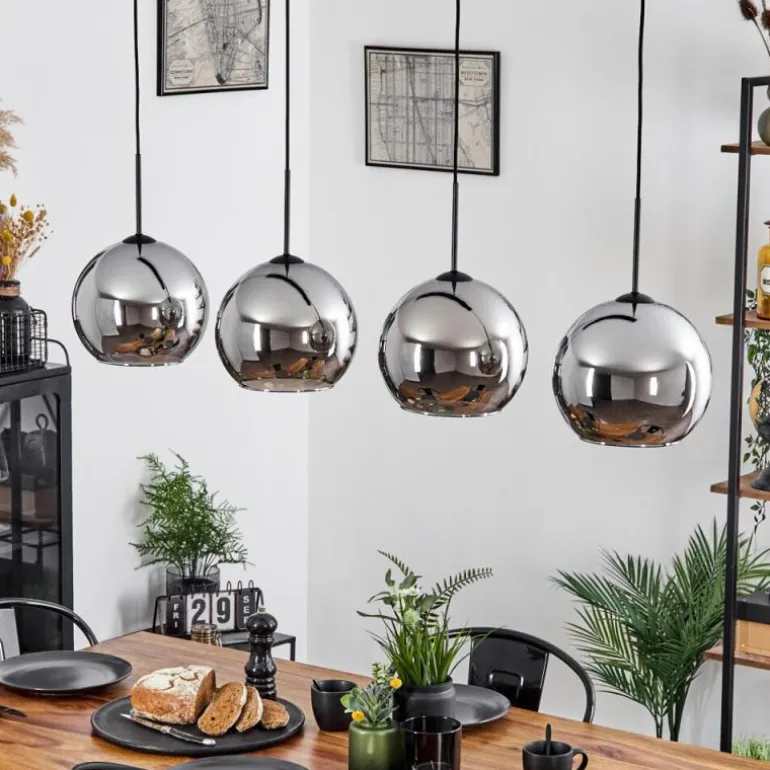 Suspension Verre 25 cm Koyoto Chrome, Fumé, 4 lumières