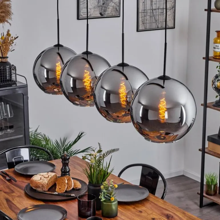 Suspension Verre 30 cm Koyoto Chrome, Fumé, 4 lumières