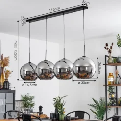 Suspension Verre 30 cm Koyoto Chrome, Fumé, 4 lumières