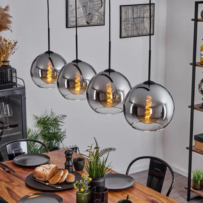 Suspension Verre 25 cm Koyoto Chrome, Clair, Fumé, 4 lumières