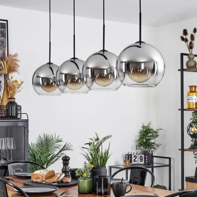 Suspension Verre 25 cm Koyoto Chrome, Clair, Fumé, 4 lumières