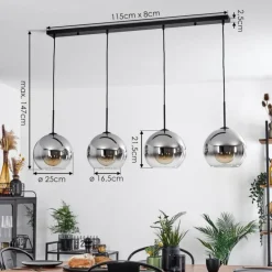 Suspension Verre 25 cm Koyoto Chrome, Clair, Fumé, 4 lumières