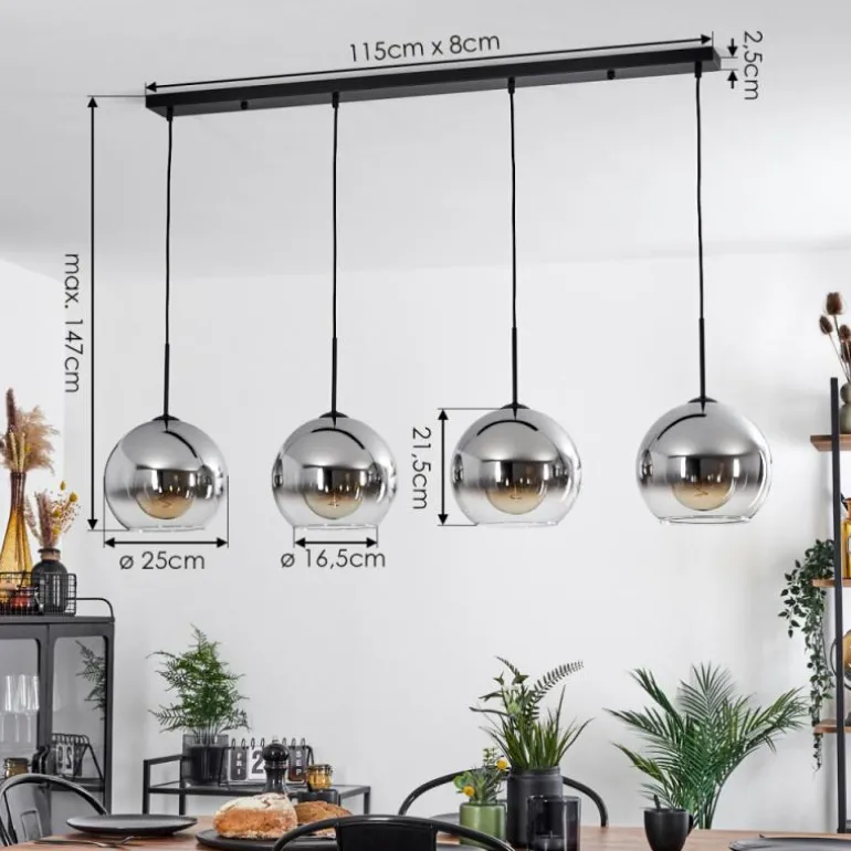 Suspension Verre 25 cm Koyoto Chrome, Clair, Fumé, 4 lumières