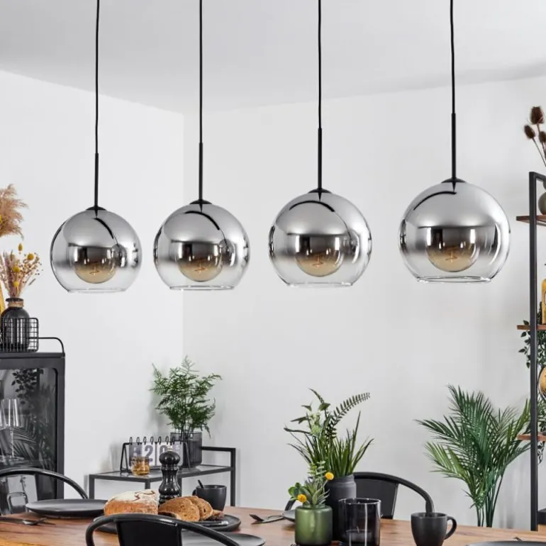 Suspension Verre 25 cm Koyoto Chrome, Clair, Fumé, 4 lumières