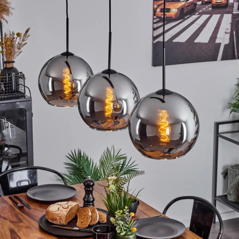 Suspension Verre 25 cm Koyoto Chrome, Fumé, 3 lumières