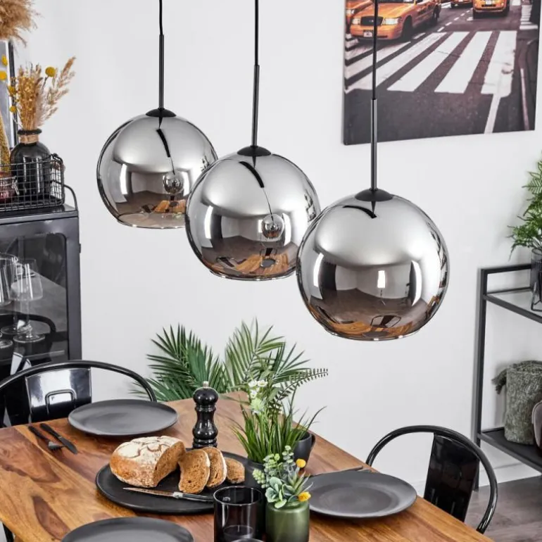 Suspension Verre 25 cm Koyoto Chrome, Fumé, 3 lumières