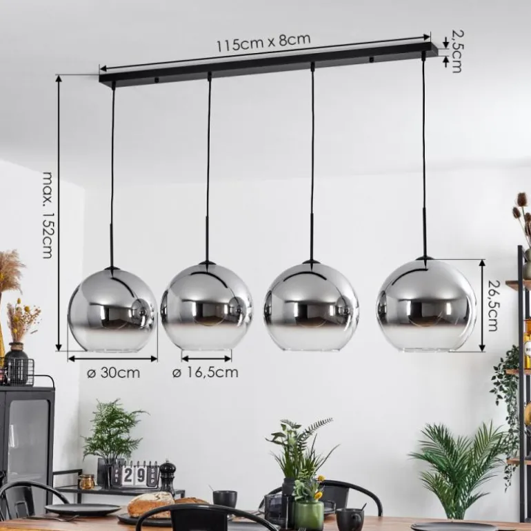 Suspension Verre 30 cm Koyoto Chrome, Clair, Fumé, 4 lumières