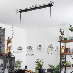 Suspension Verre 15 cm Koyoto Chrome, Clair, Fumé, 4 lumières