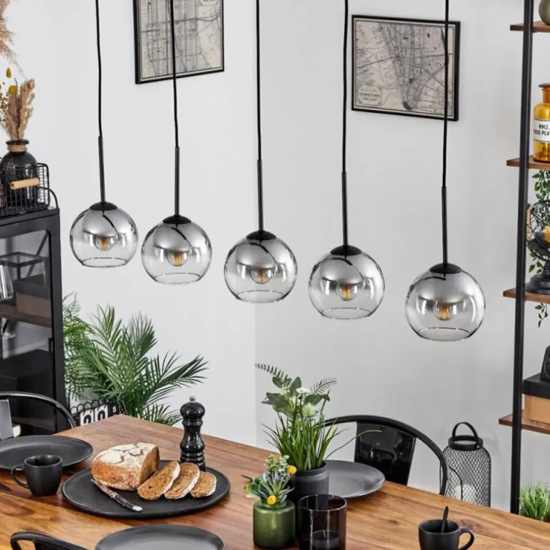 Suspension Verre 15 cm Koyoto Chrome, Clair, Fumé, 5 lumières