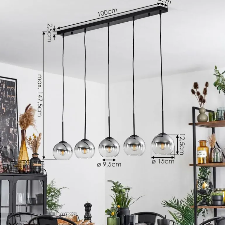 Suspension Verre 15 cm Koyoto Chrome, Clair, Fumé, 5 lumières