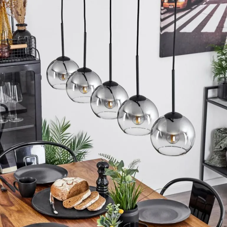 Suspension Verre 15 cm Koyoto Chrome, Clair, Fumé, 5 lumières