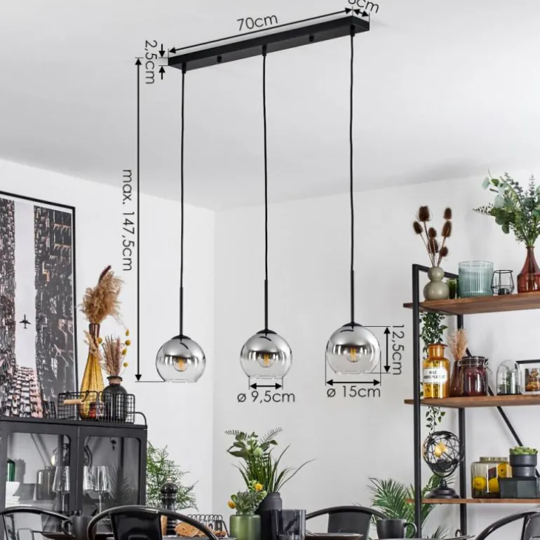 Suspension Verre 15 cm Koyoto Chrome, Clair, Fumé, 3 lumières